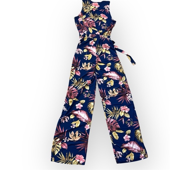 Blashe Jumpsuit tropical floral print straight leg surplice Vneck navy blue sz S - Picture 3 of 16